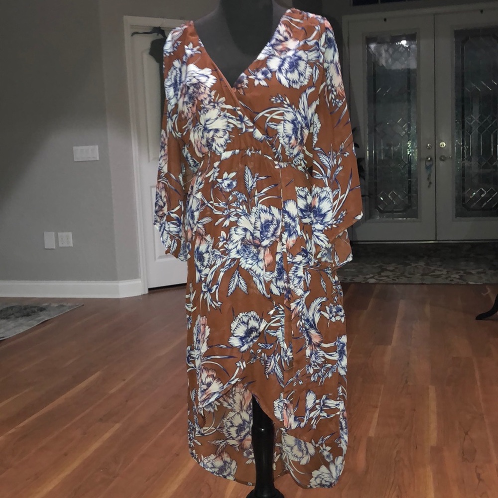 Faux wrap high low dress with bell sleeves